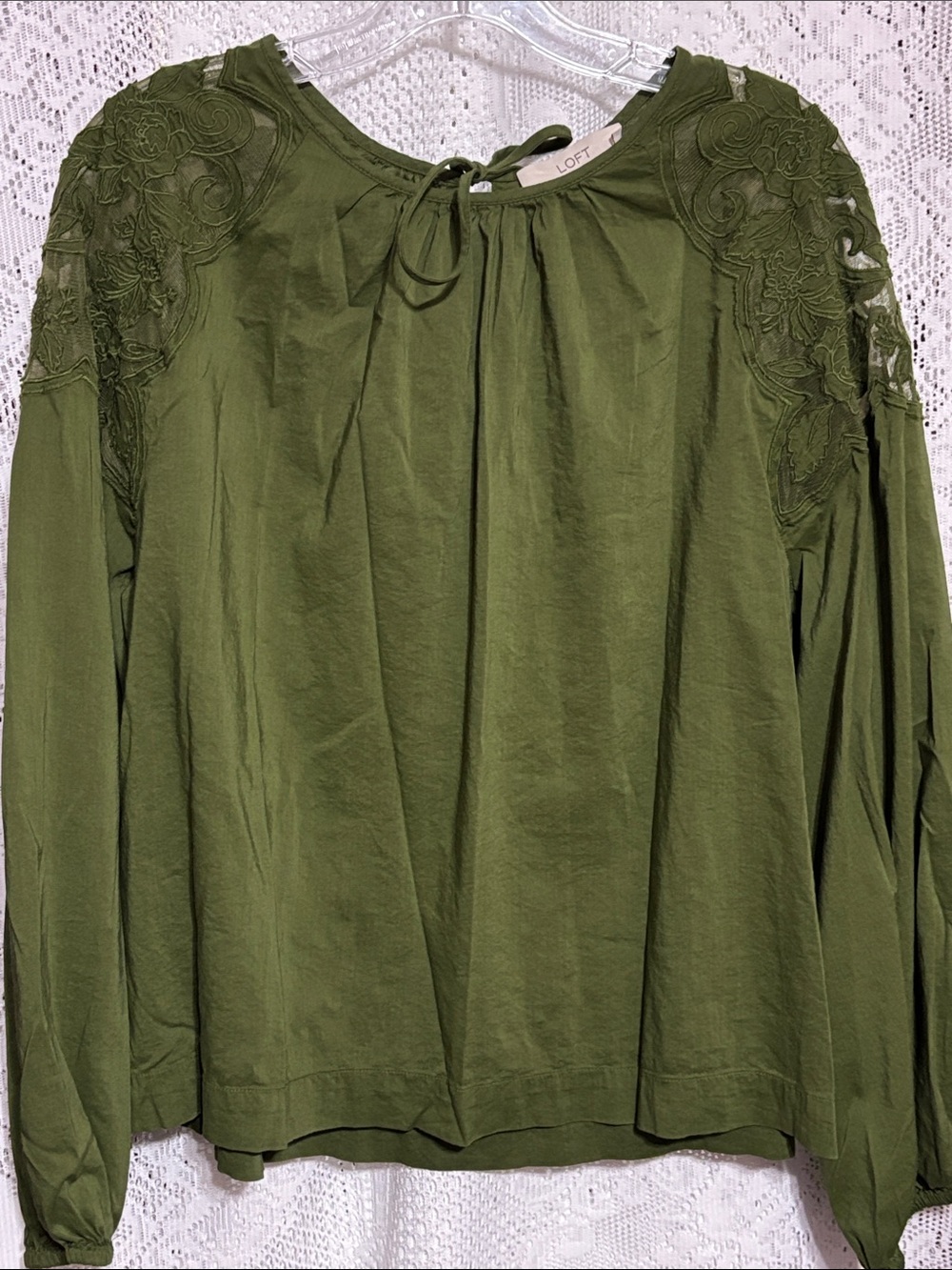 LOFT Olive Embroidered Tie-Neck Long Sleeve Blouse size L